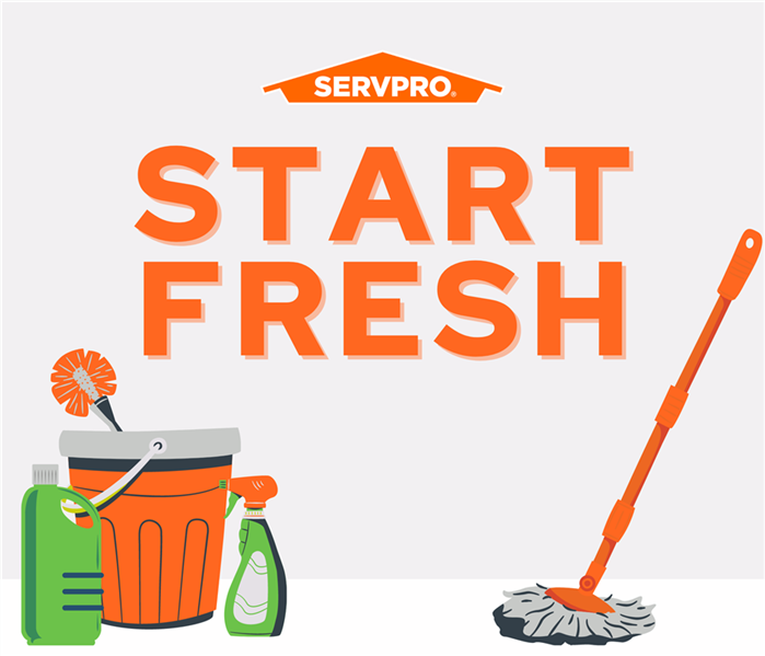 the words "Start Fresh" in orange in front of a gray background, servpro logo, cleaning supplies in foreground